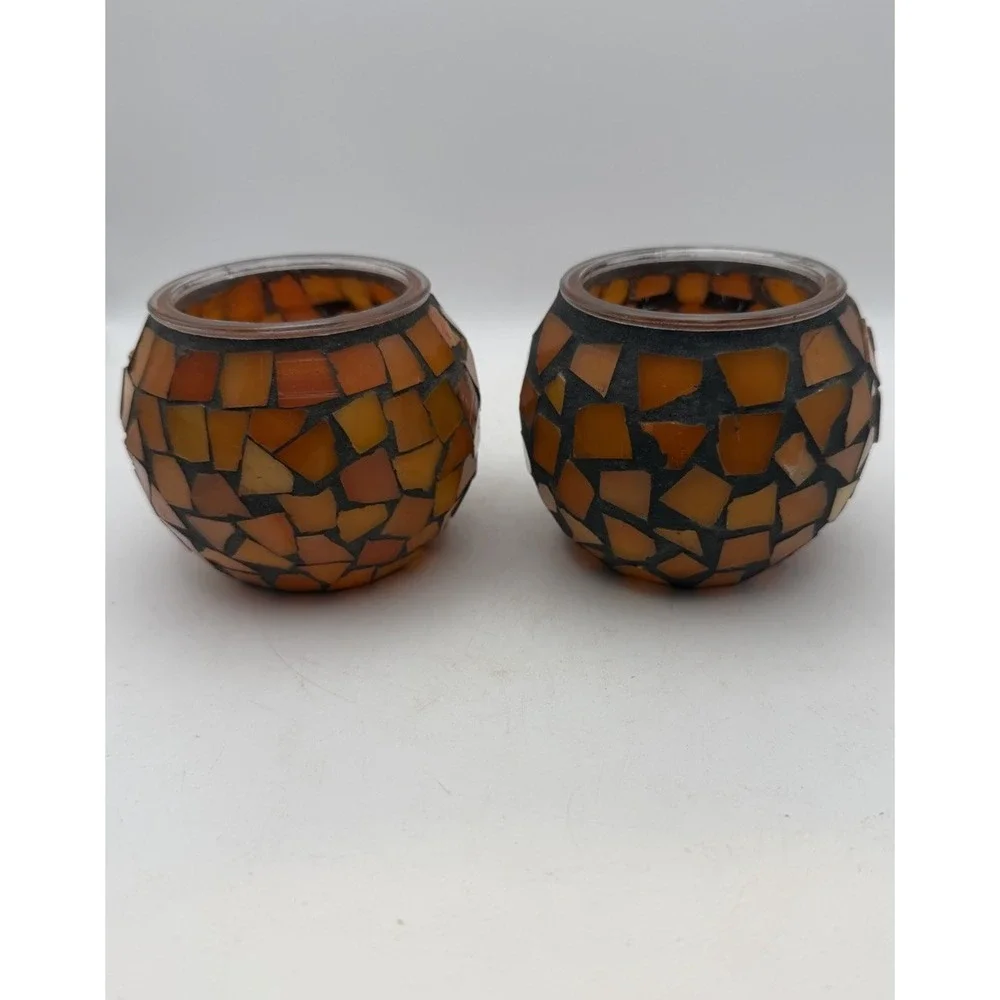 Set of 2 Mosaic Glass Pumpkin Jack O Lantern Tealight Candle Holders Halloween